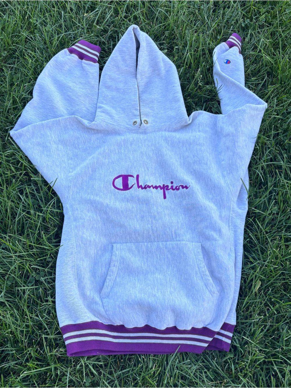 Vintage Champion Reverse Weave Light Gray Hoodie with Purple Logo & Trim